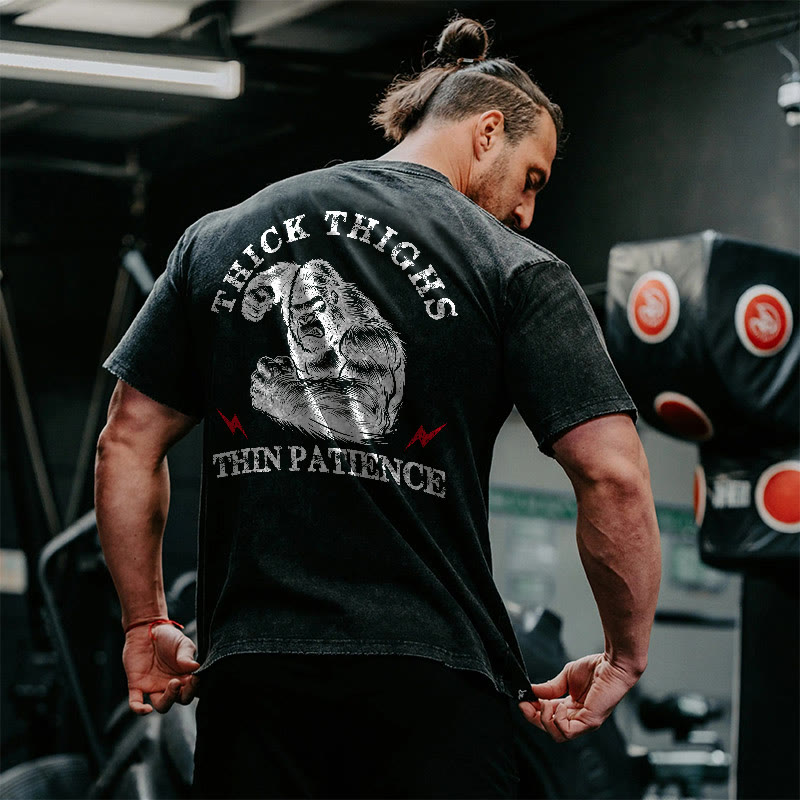 100% Cotton Thick Thighs Thin Patience Gym Print Acid Washed T-shirt - Black - US20-22(3XL) - image 1