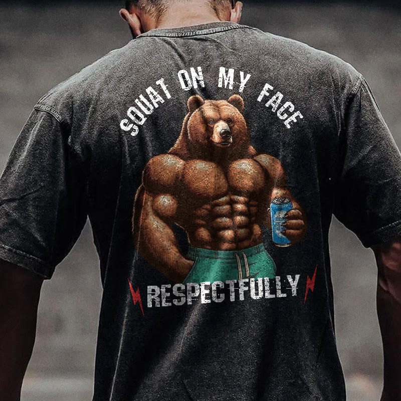 100% Cotton Squat On My Face Respectfully Gym Print Acid Washed T-shirt - image 2
