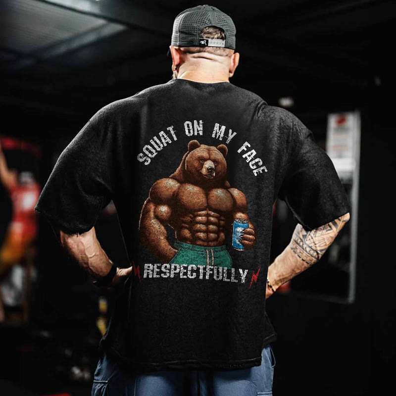 100% Cotton Squat On My Face Respectfully Gym Print Acid Washed T-shirt - Black - US20-22(3XL) - image 1
