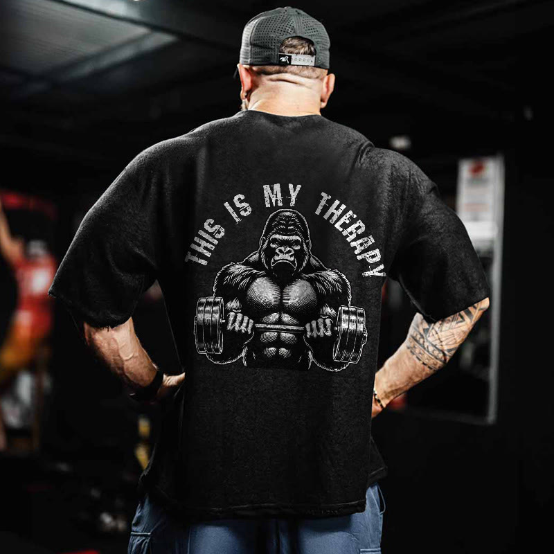 100% Cotton This Is My Therapy Gym Print Acid Washed T-shirt - Black - US20-22(3XL) - image 1