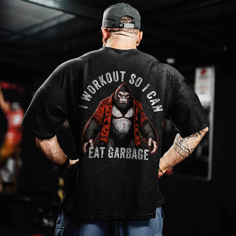 100% Cotton I Workout So I Can Eat Garbage Gym Print Acid Washed T-shirt - Black - US20-22(3XL) - image 1