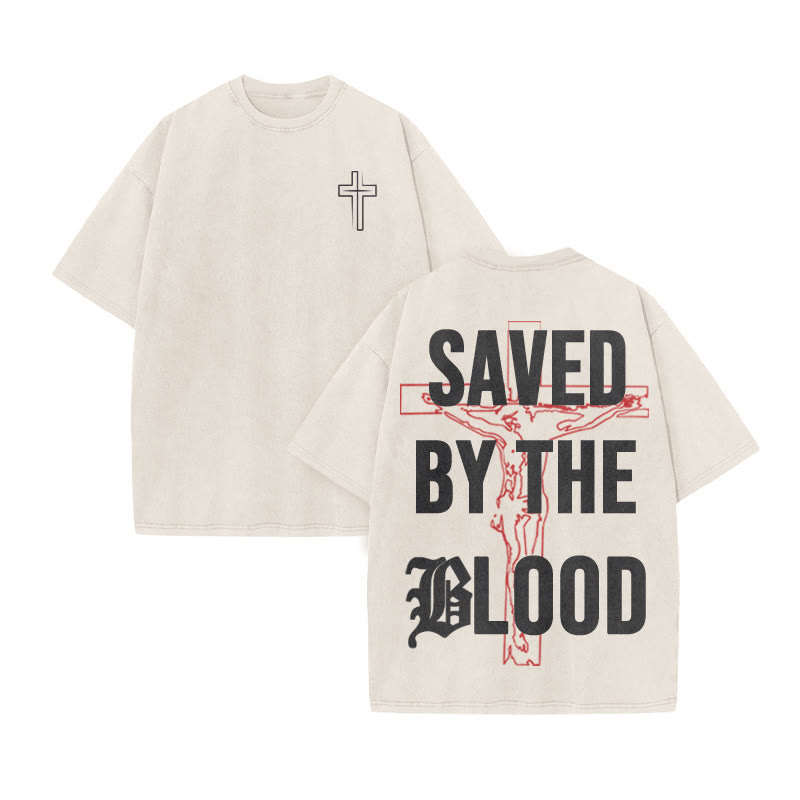 Unisex 100% Cotton Saved By The Blood Cross Print Acid Washed T-shirt