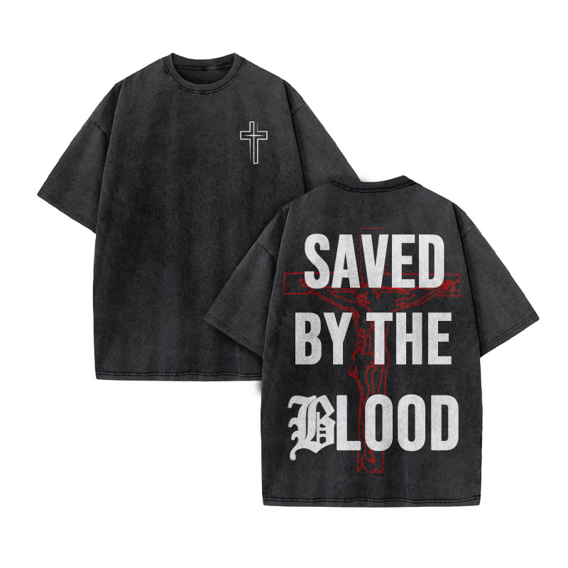 Unisex 100% Cotton Saved By The Blood Cross Print Acid Washed T-shirt