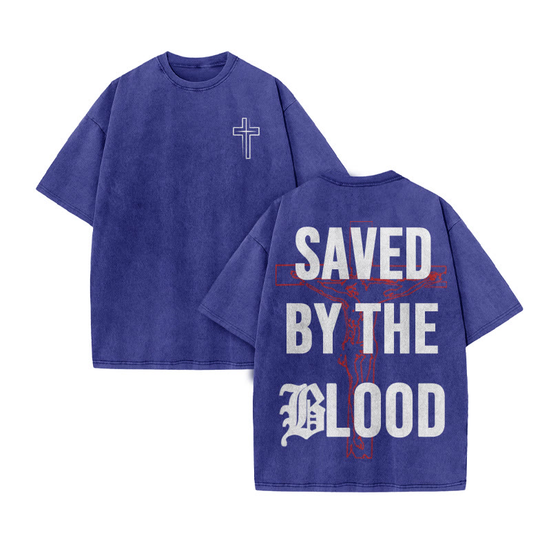 Unisex 100% Cotton Saved By The Blood Cross Print Acid Washed T-shirt