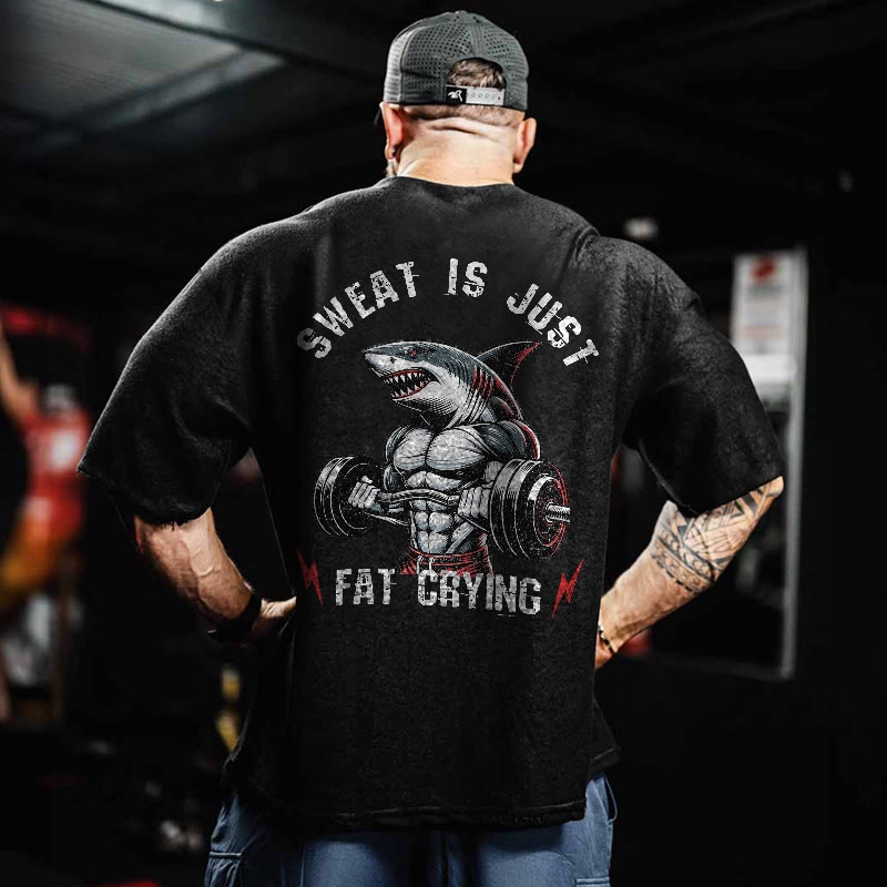 100% Cotton Sweat Is Just Fat Crying Gym Print Acid Washed T-shirt - image 2