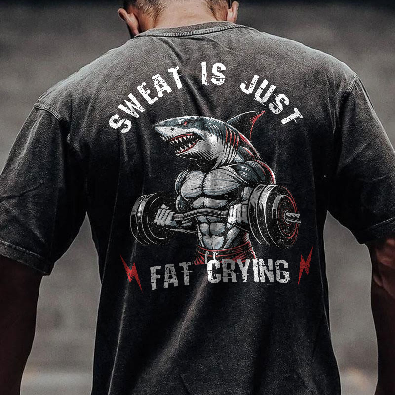 100% Cotton Sweat Is Just Fat Crying Gym Print Acid Washed T-shirt - Black - US20-22(3XL) - image 1