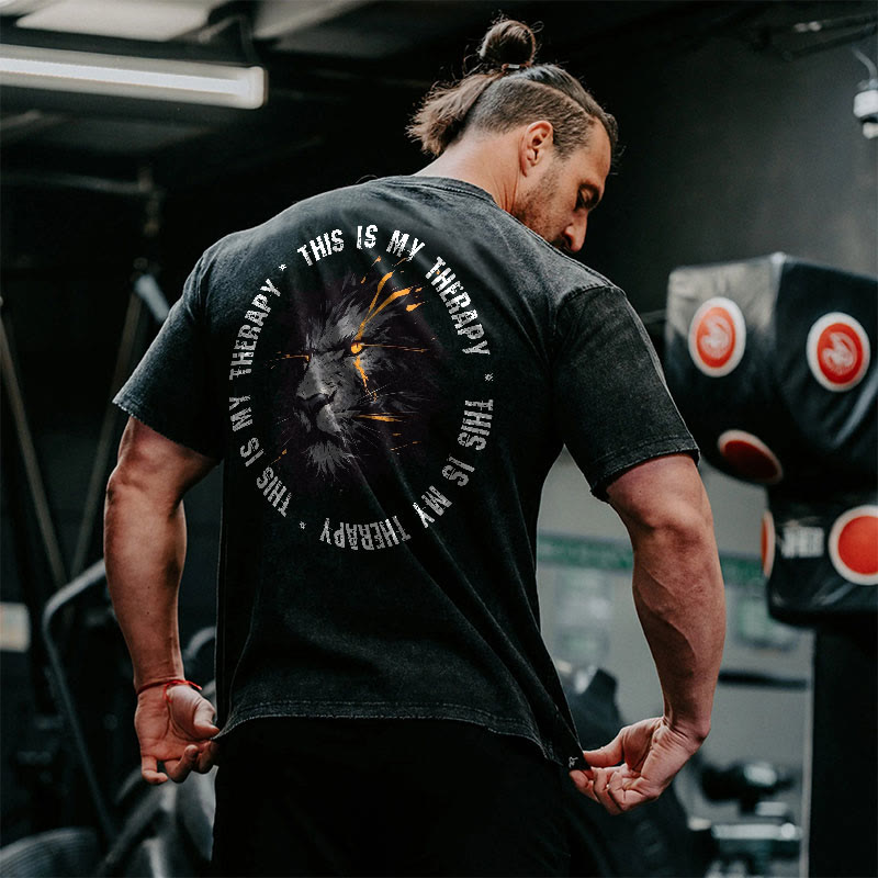 100% Cotton This Is My Therapy Gym Print Acid Washed T-shirt - Black - US20-22(3XL) - image 1