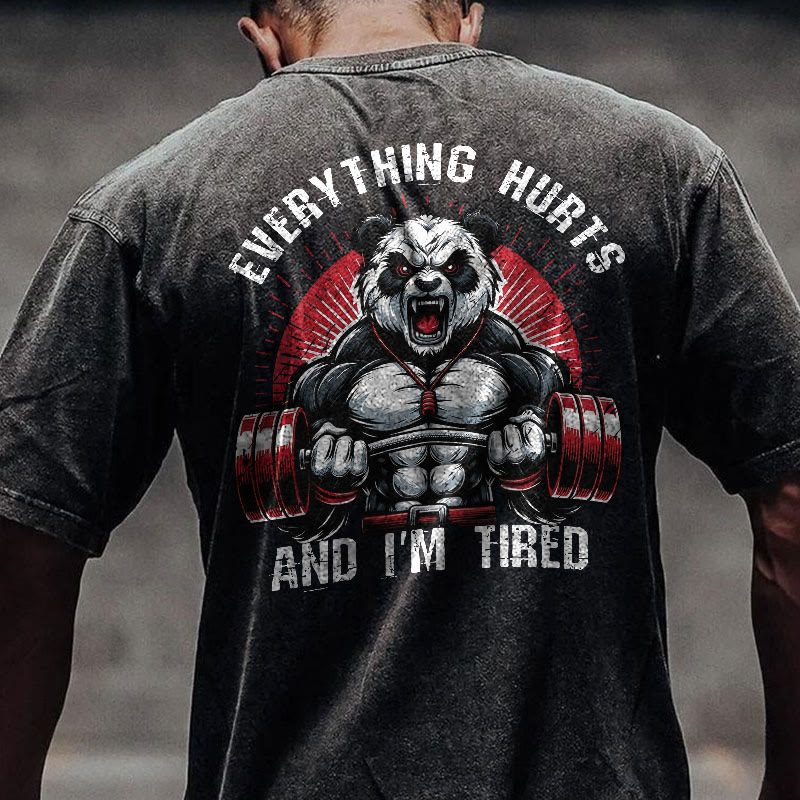 100% Cotton Everything Hurts And I'm Tired Gym Print Acid Washed T-shirt - Black - US20-22(3XL) - image 1