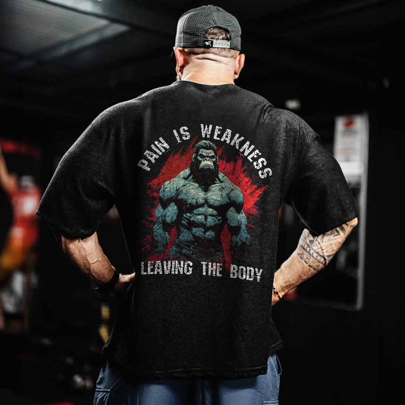 100% Cotton Pain Is  Weakness Leaving The Body Gym Print Acid Washed T-shirt - Black - US20-22(3XL) - image 1