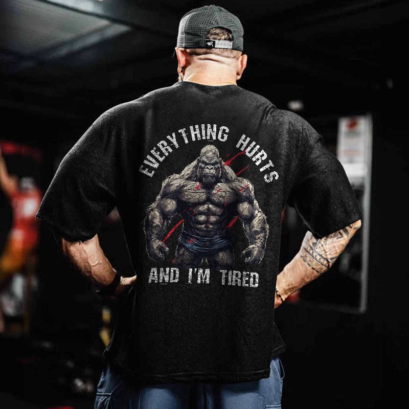 100% Cotton Everything Hurts And I'm Tired Gym Print Acid Washed T-shirt - Black - US20-22(3XL) - image 1