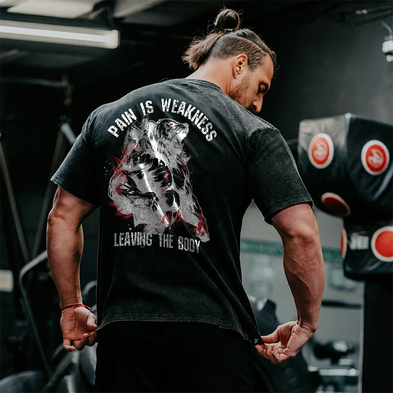 100% Cotton Pain Is  Weakness Leaving The Body Gym Print Acid Washed T-shirt - image 2