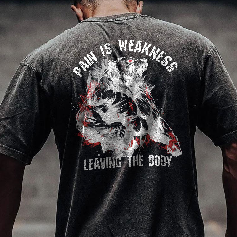 100% Cotton Pain Is  Weakness Leaving The Body Gym Print Acid Washed T-shirt - Black - US20-22(3XL) - image 1