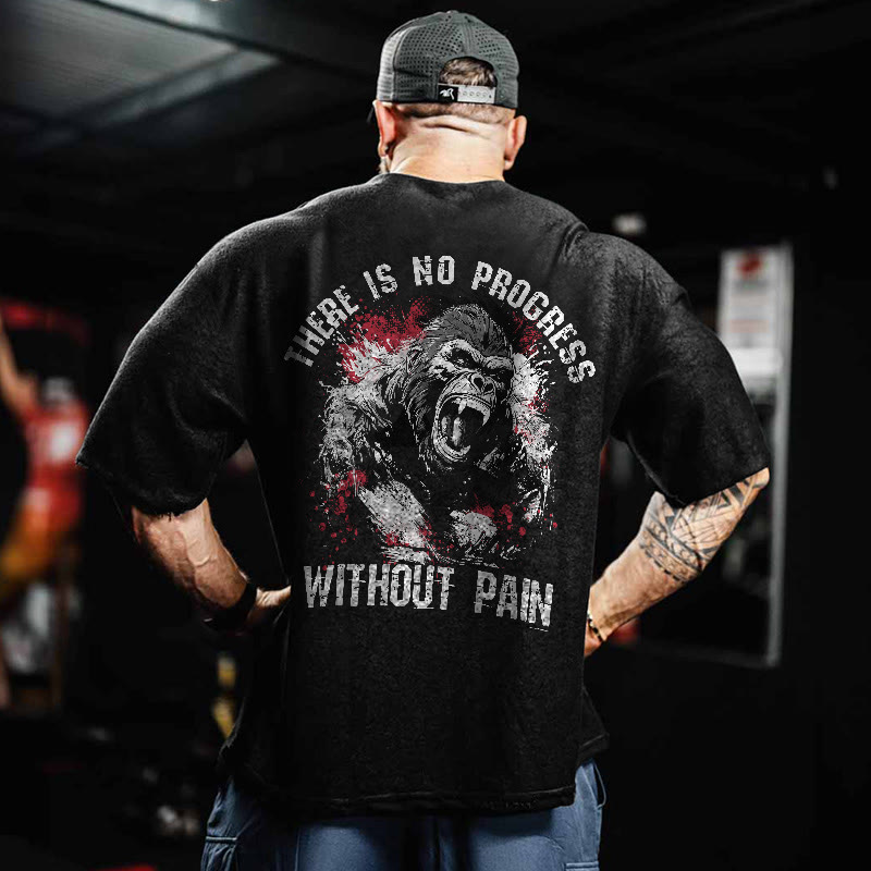 100% Cotton There's No Progress Without Pain Gym Print Acid Washed T-shirt - image 2