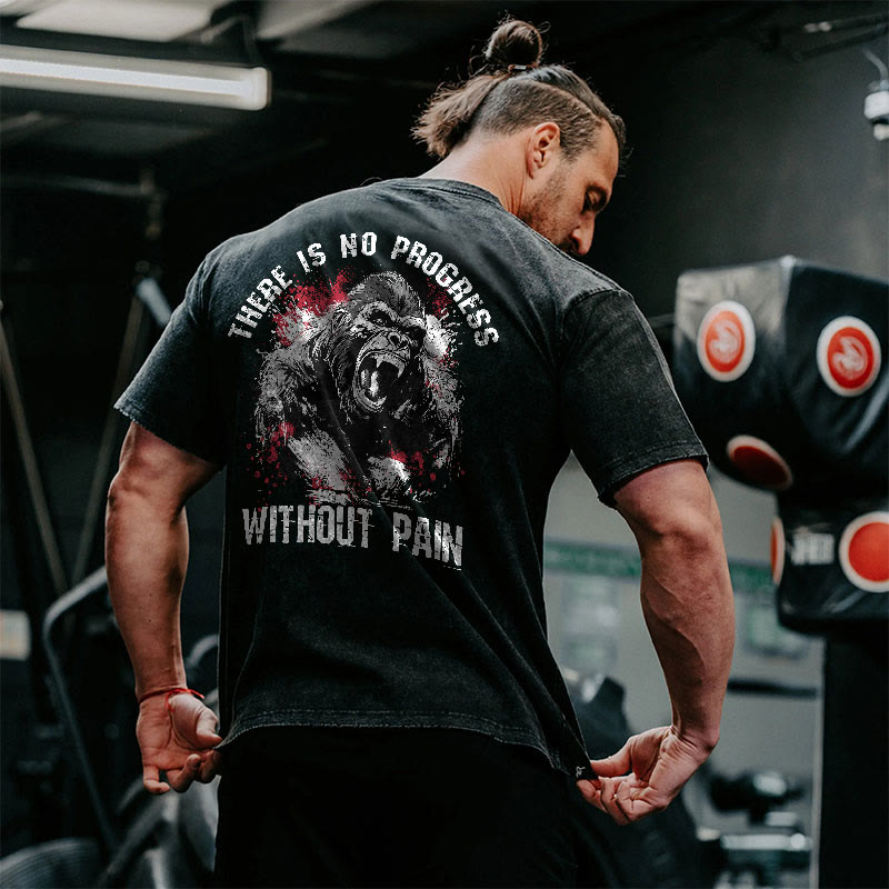 100% Cotton There's No Progress Without Pain Gym Print Acid Washed T-shirt - image 1
