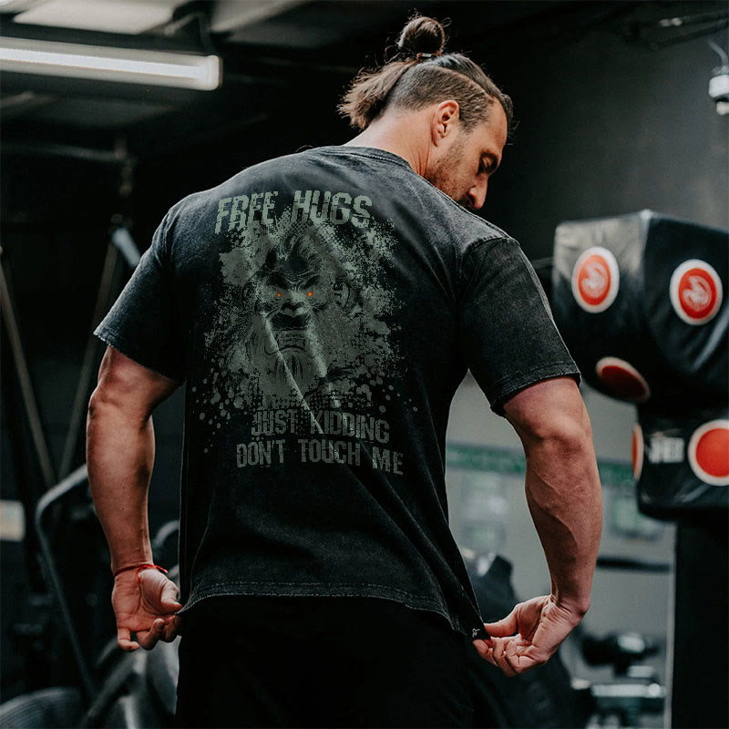 100% Cotton Free Hugs Gym Print Acid Washed T-shirt - image 2