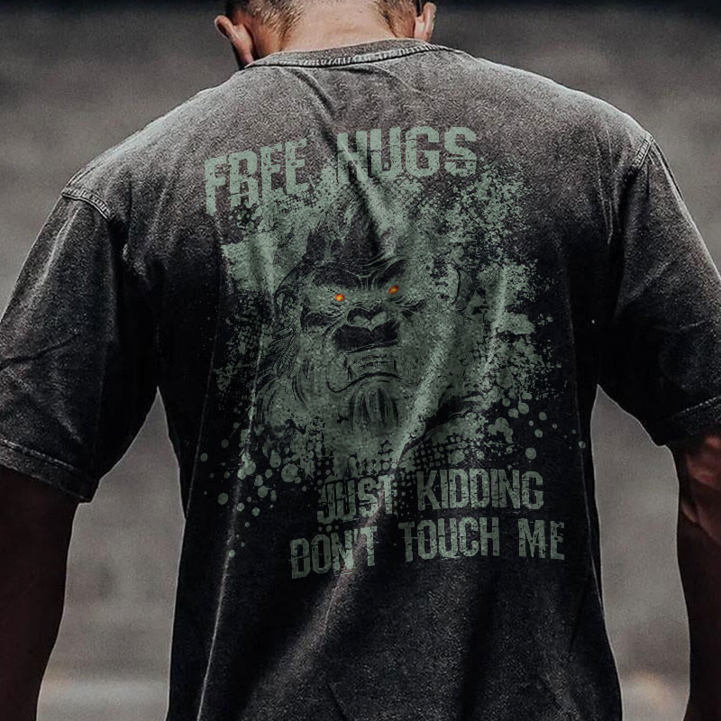 100% Cotton Free Hugs Gym Print Acid Washed T-shirt - Black - US20-22(3XL) - image 1