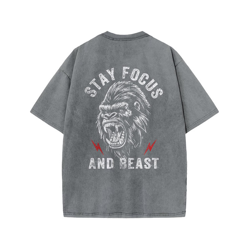 100% Cotton Stay Focus And Beast Gym Print Acid Washed T-shirt - Grey - US20-22(3XL) - image 3