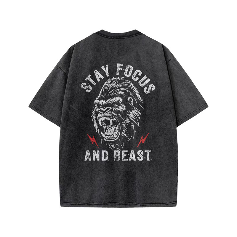 100% Cotton Stay Focus And Beast Gym Print Acid Washed T-shirt - image 2