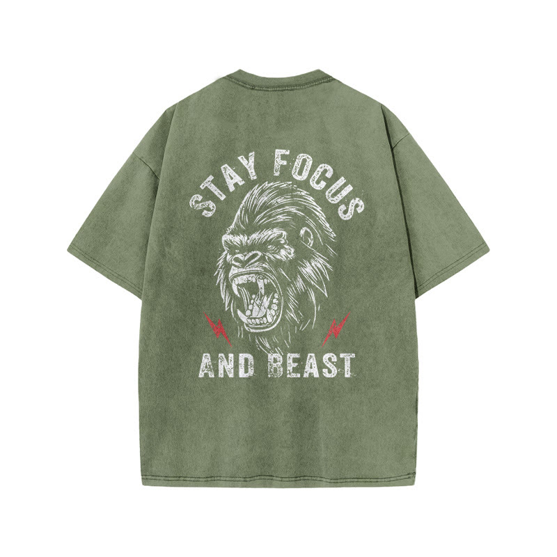 100% Cotton Stay Focus And Beast Gym Print Acid Washed T-shirt - Army Green - US20-22(3XL) - image 5