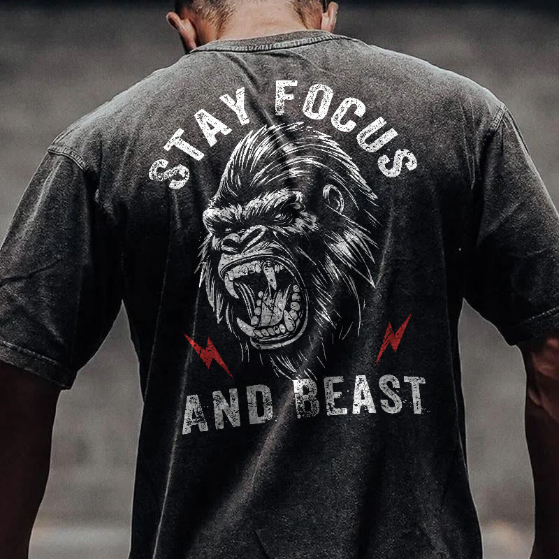 100% Cotton Stay Focus And Beast Gym Print Acid Washed T-shirt - Black - US20-22(3XL) - image 1