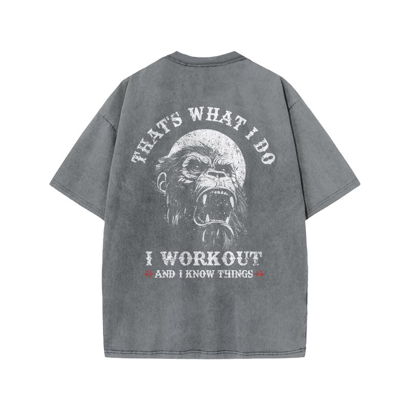 100% Cotton I Workout And I Know Things Gym Print Acid Washed T-shirt - Grey - US20-22(3XL) - image 3