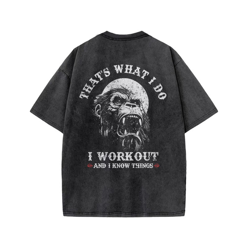 100% Cotton I Workout And I Know Things Gym Print Acid Washed T-shirt - image 2