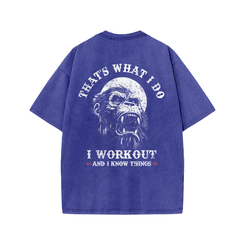 100% Cotton I Workout And I Know Things Gym Print Acid Washed T-shirt - Blue - US20-22(3XL) - image 6