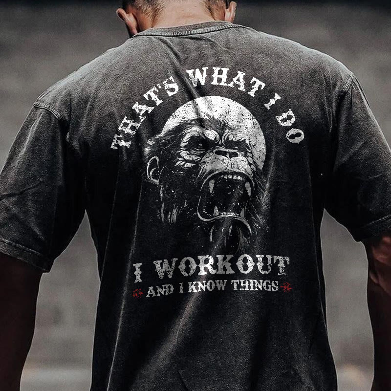 100% Cotton I Workout And I Know Things Gym Print Acid Washed T-shirt - Black - US20-22(3XL) - image 1