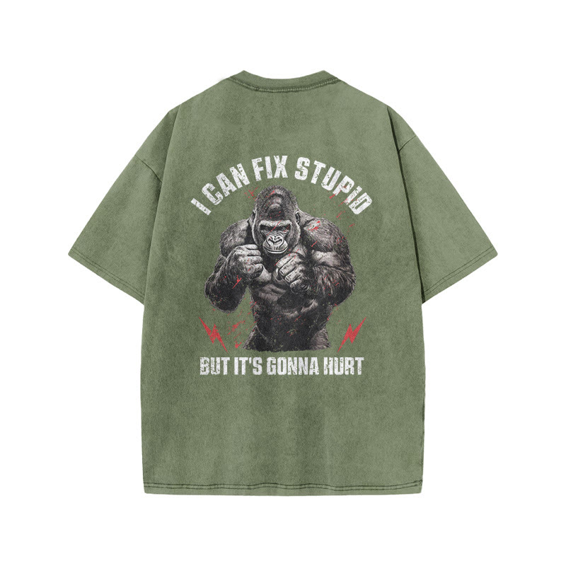 100% Cotton I Can Fix Stupid Gym Print Acid Washed T-shirt - Army Green - US20-22(3XL) - image 5