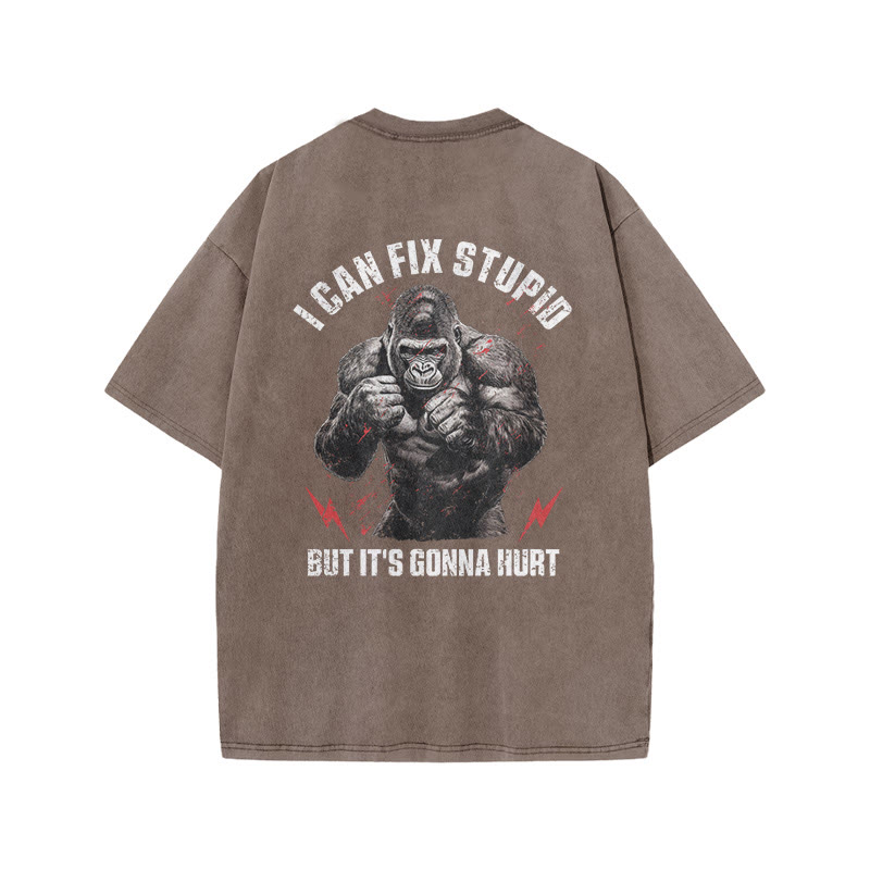 100% Cotton I Can Fix Stupid Gym Print Acid Washed T-shirt - Coffee - US20-22(3XL) - image 4