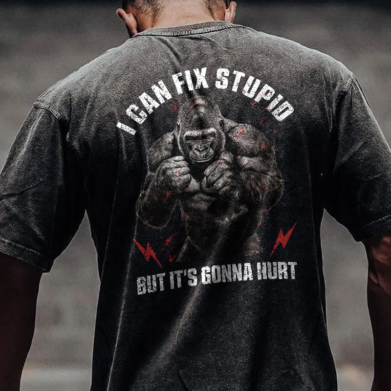 100% Cotton I Can Fix Stupid Gym Print Acid Washed T-shirt - Black - US20-22(3XL) - image 1