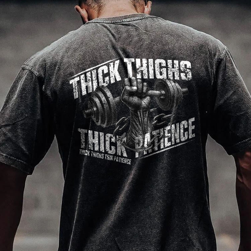 100% Cotton Thick Thighs Thick Patience Gym Print Acid Washed T-shirt - Black - US20-22(3XL) - image 1
