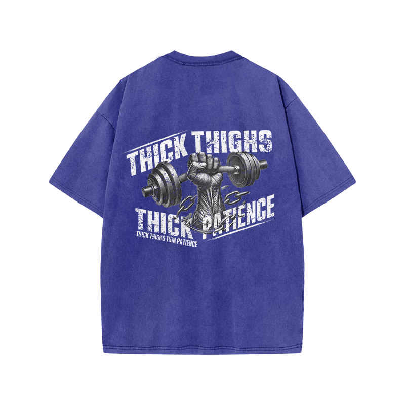100% Cotton Thick Thighs Thick Patience Gym Print Acid Washed T-shirt - Blue - US20-22(3XL) - image 6