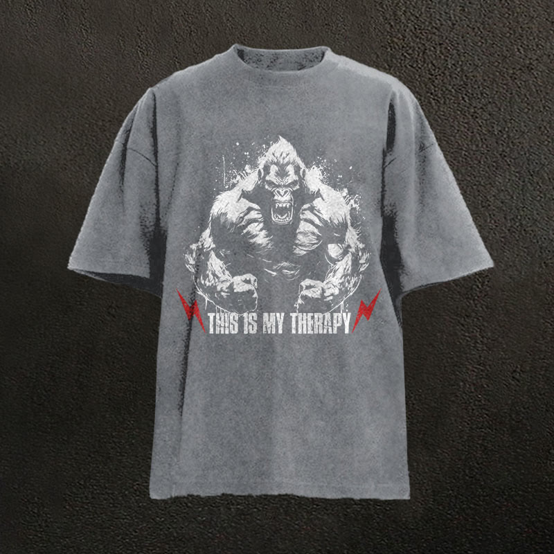 100% Cotton This Is My Therapy Gym Print Acid Washed T-shirt - Grey - US20-22(3XL) - image 2