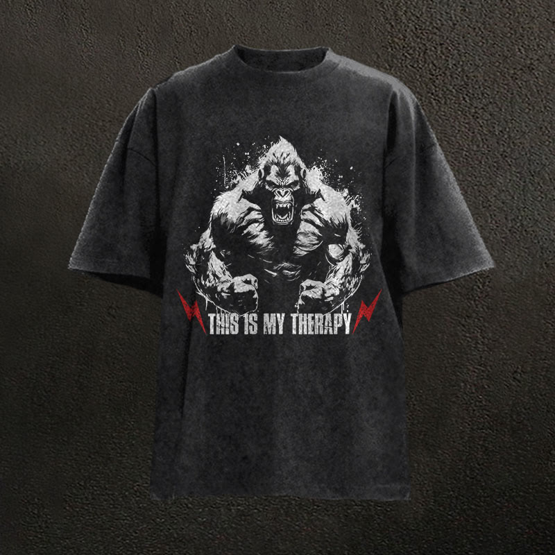 100% Cotton This Is My Therapy Gym Print Acid Washed T-shirt - Black - US20-22(3XL) - image 1