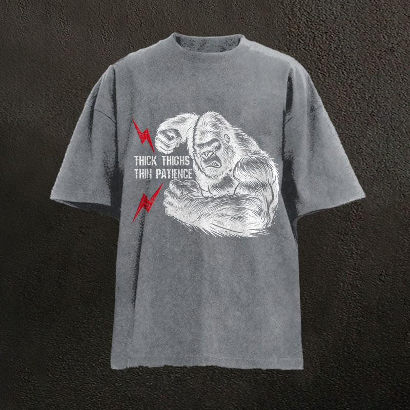 100% Cotton Thick Thighs Thin Patience Gym Print Acid Washed T-shirt - Grey - US20-22(3XL) - image 2