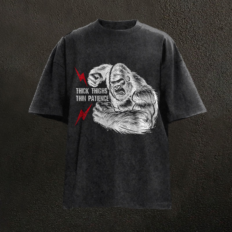 100% Cotton Thick Thighs Thin Patience Gym Print Acid Washed T-shirt - Black - US20-22(3XL) - image 1