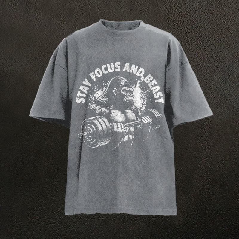 100% Cotton Stay Focus And Beast Gym Print Acid Washed T-shirt - Grey - US20-22(3XL) - image 2