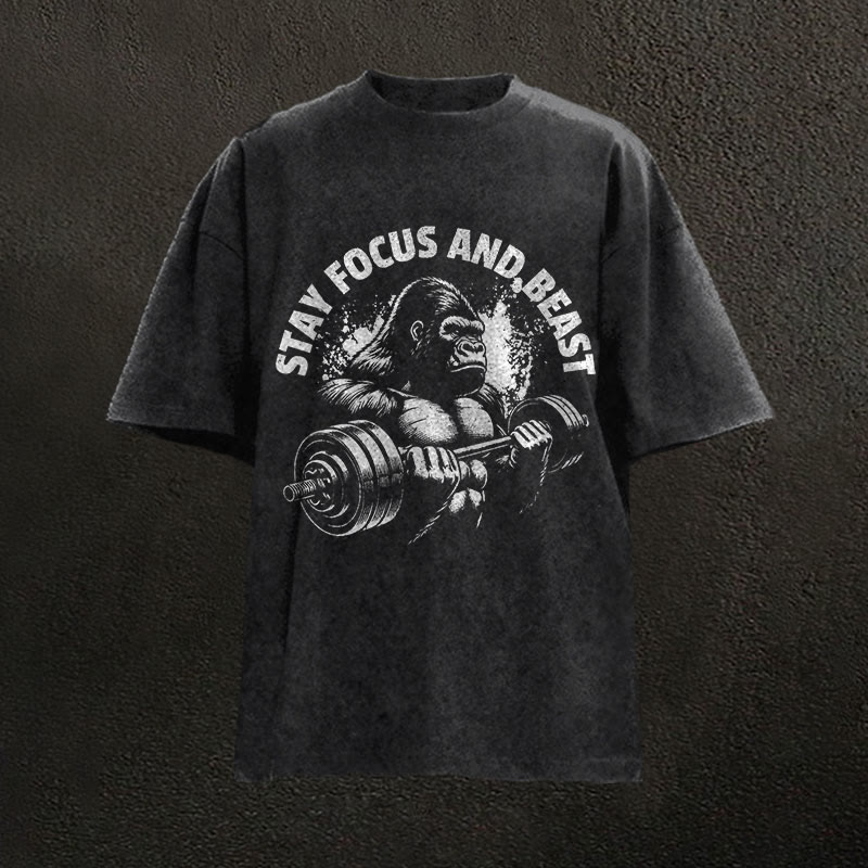 100% Cotton Stay Focus And Beast Gym Print Acid Washed T-shirt - Black - US20-22(3XL) - image 1