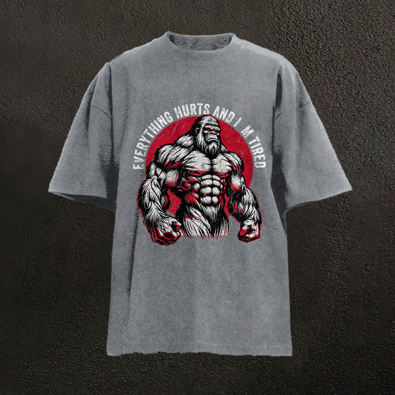 100% Cotton Everything Hurts And I'm Tired Gym Print Acid Washed T-shirt - Grey - US20-22(3XL) - image 2
