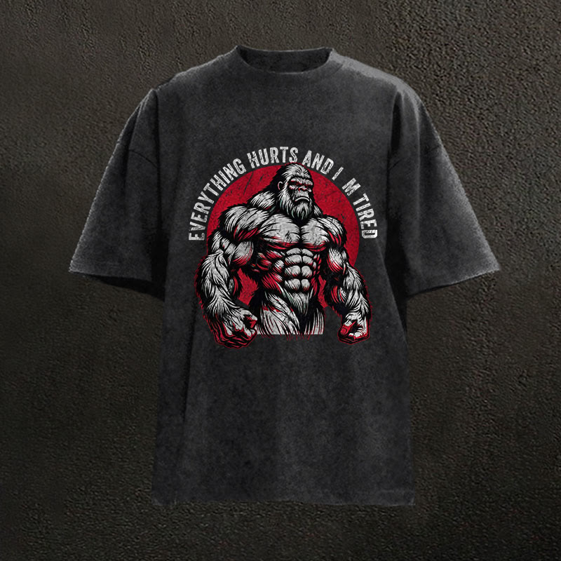 100% Cotton Everything Hurts And I'm Tired Gym Print Acid Washed T-shirt - Black - US20-22(3XL) - image 1