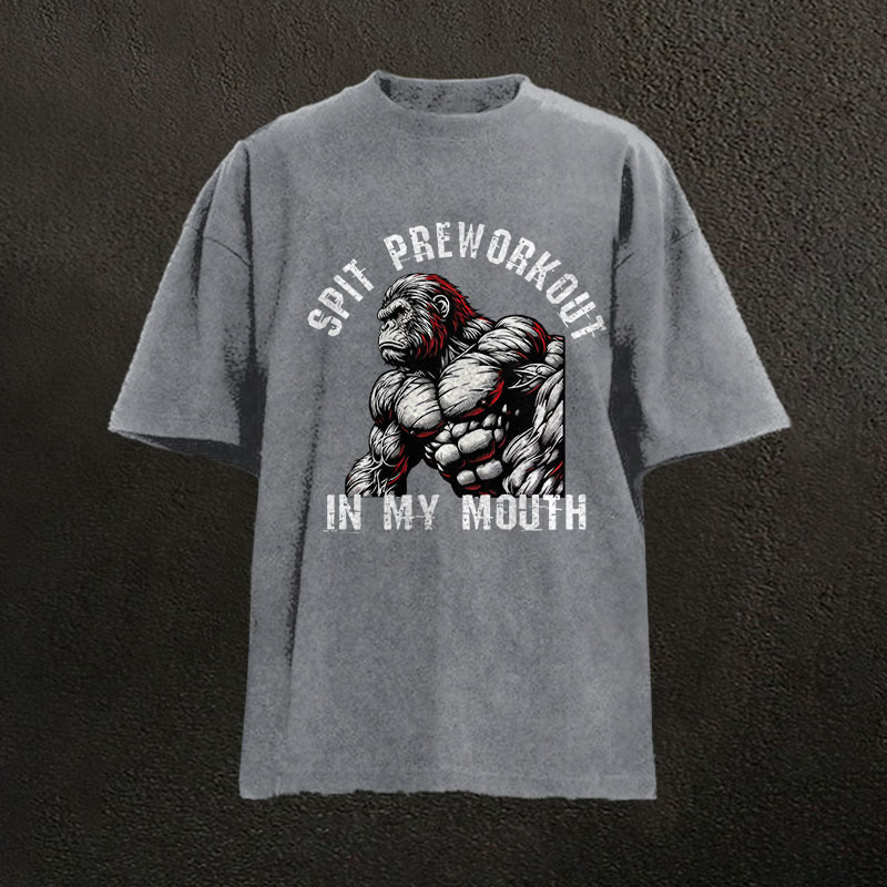 100% Cotton Spit Preworkout In My Mouth Gym Print Acid Washed T-shirt - Grey - US20-22(3XL) - image 2