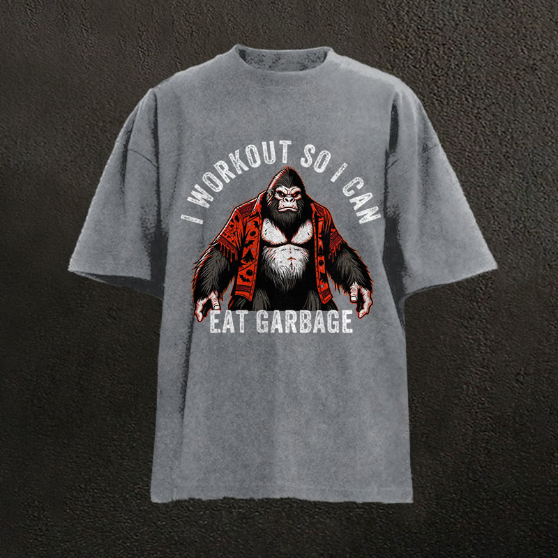 100% Cotton I Workout So I Can Eat Garbage Gym Print Acid Washed T-shirt - Grey - US20-22(3XL) - image 2