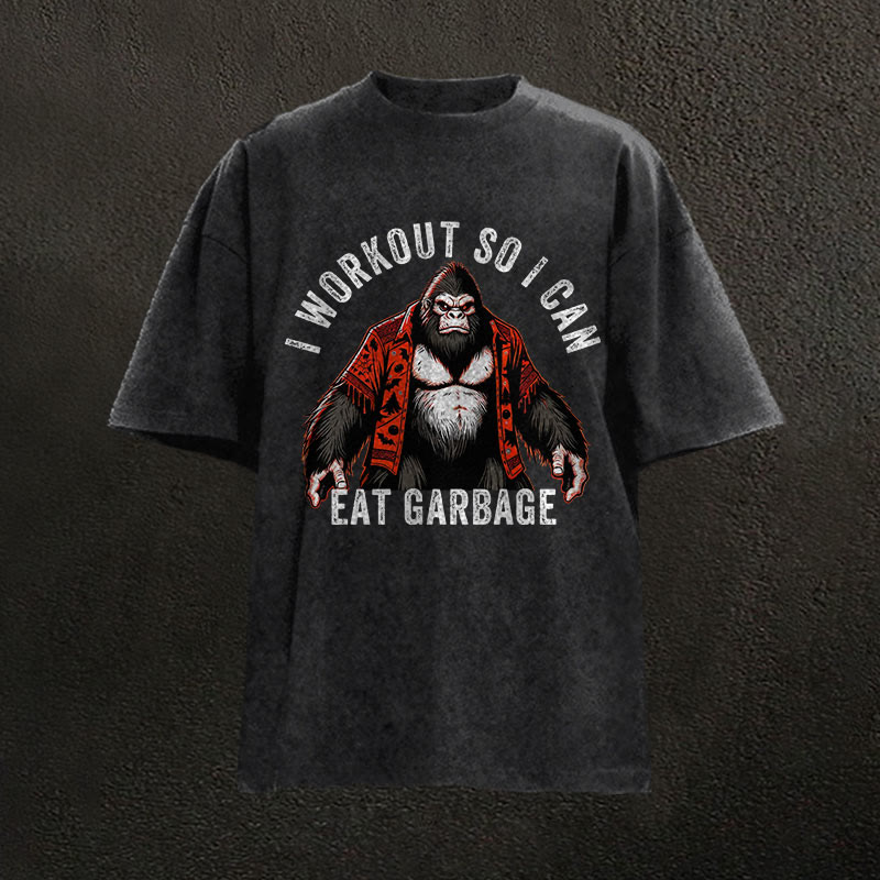 100% Cotton I Workout So I Can Eat Garbage Gym Print Acid Washed T-shirt - Black - US20-22(3XL) - image 1