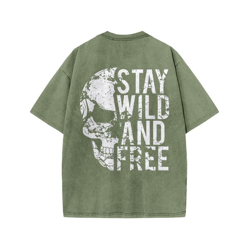 100% Cotton Stay Wild And Free Gym Print Acid Washed T-shirt - Army Green - US20-22(3XL) - image 6