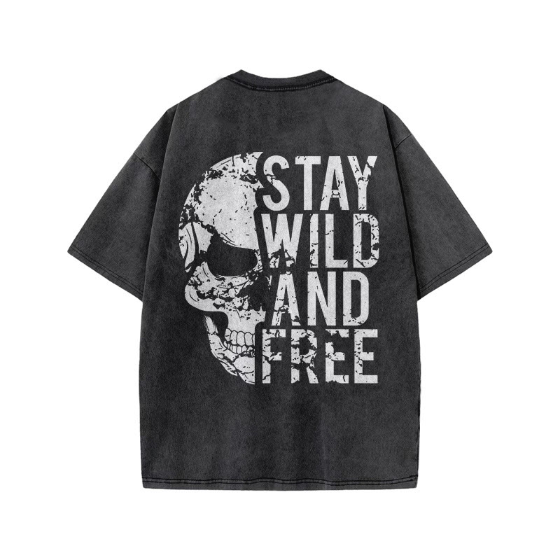100% Cotton Stay Wild And Free Gym Print Acid Washed T-shirt - image 3