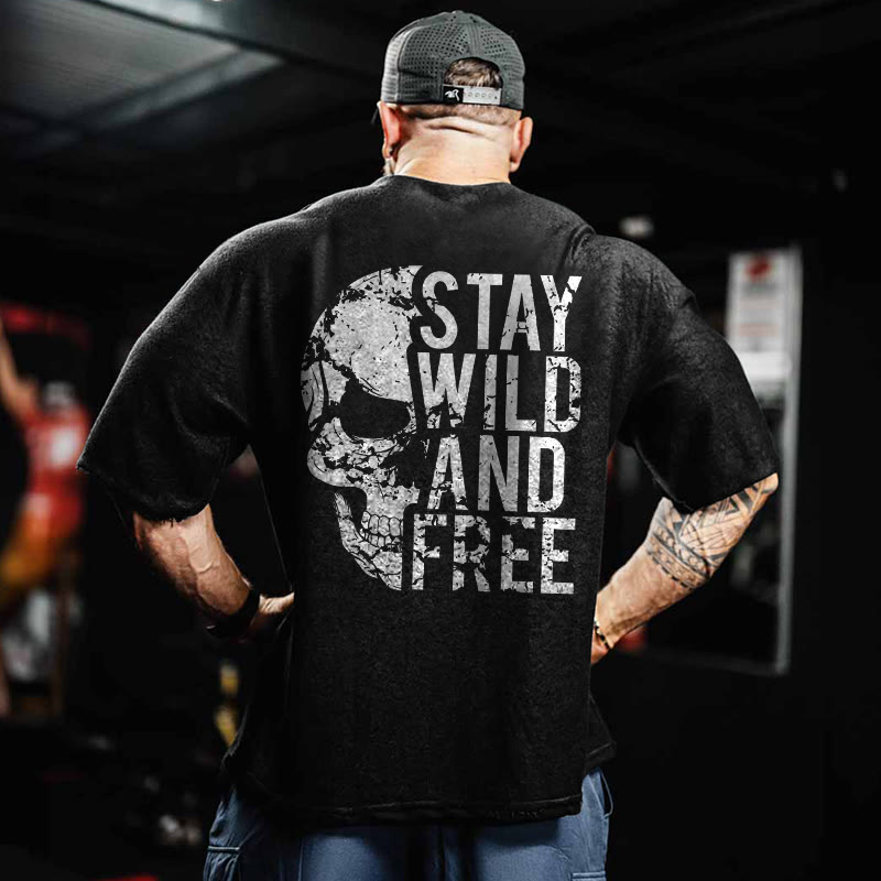 100% Cotton Stay Wild And Free Gym Print Acid Washed T-shirt - Black - US20-22(3XL) - image 1