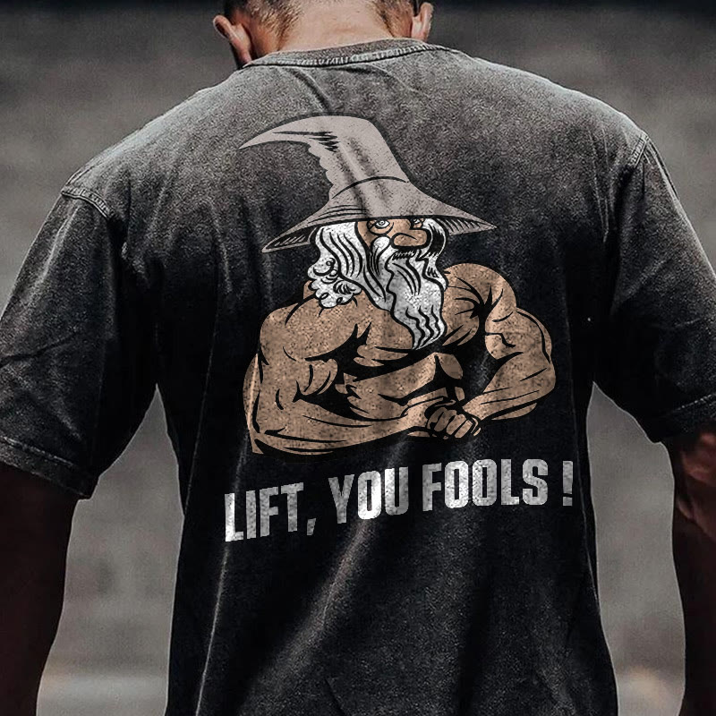 100% Cotton Lift, You Fools! Gym Print Acid Washed T-shirt - Black - US20-22(3XL) - image 1