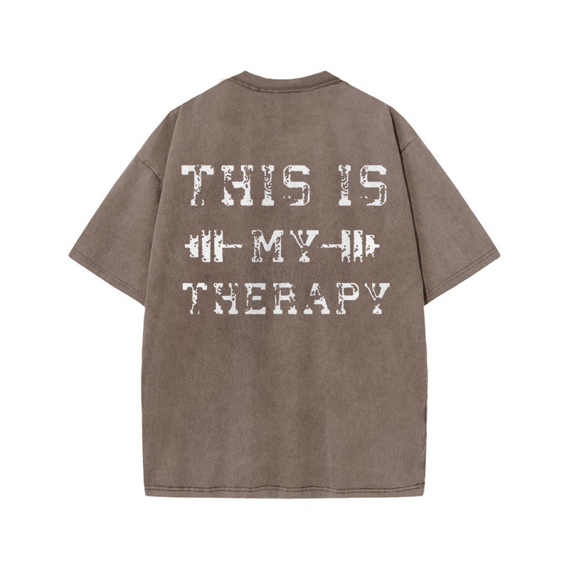 100% Cotton This  Is My Therapy Lift Gym Print Acid Washed T-shirt - Coffee - US20-22(3XL) - image 5