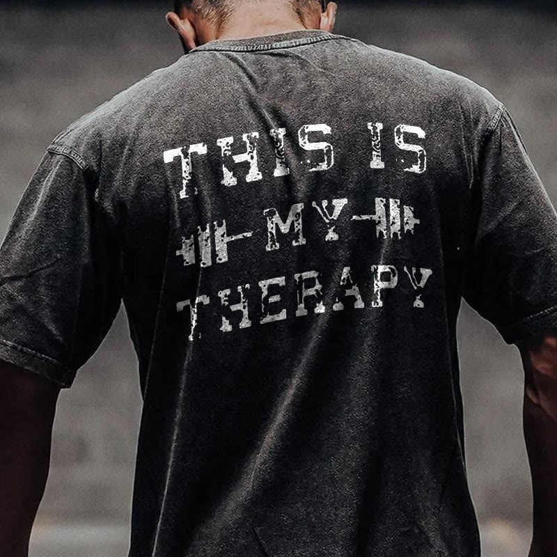100% Cotton This  Is My Therapy Lift Gym Print Acid Washed T-shirt - Black - US20-22(3XL) - image 1